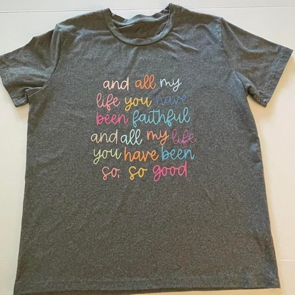 Grey cotton "And All My Life You Have Been Faithful" t-shirt women Large